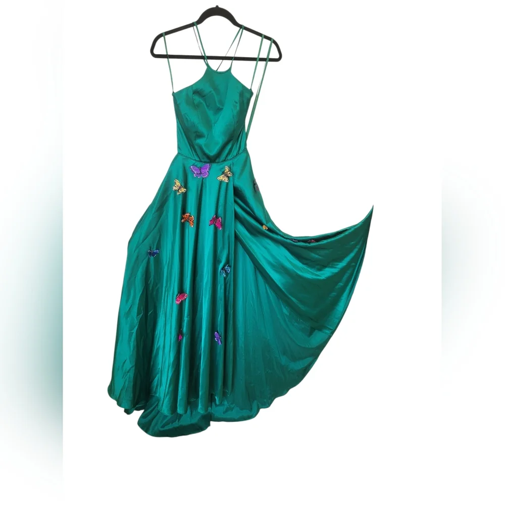 Blondie NITES Evening Gown Maxi Dress Green Satin Crossback BUTTERFLY